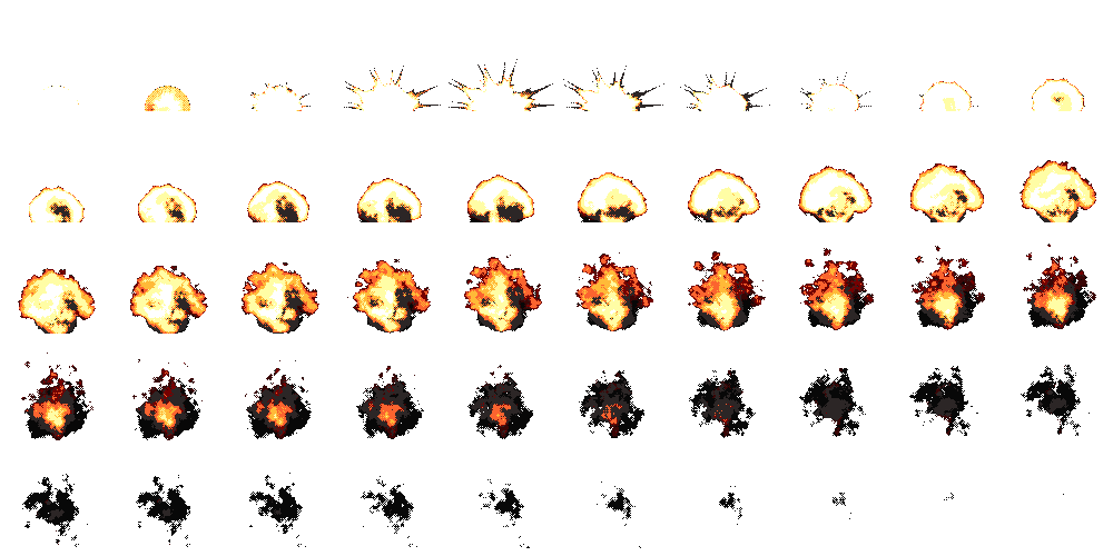 An explosion sprite sheet: 50 frames of a fireball laid out on a ten by five grid.